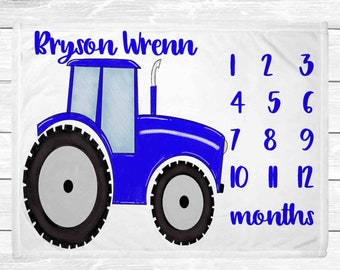 Blue Tractor Monthly Milestone Blanket - Monthly Baby Milestone Blanket - Farm Nursery Decor - Baby Age Blanket - Baby Shower Gift