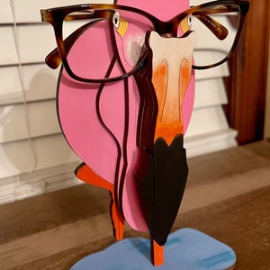 Pink Flamingo Eye Glasses Holder / Stand With Straw Hat 