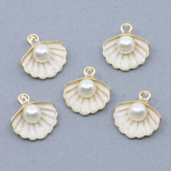 White Pearl Seashell Enamel Charms Gold Plated - Lot of Five