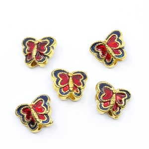 Cloisonné Blue & Red Butterfly Gold Enamel Copper Alloy Butterfly Beads....Lot of Five... image 1