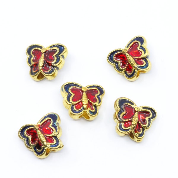 Cloisonné Blue & Red Butterfly Gold Enamel Copper Alloy Butterfly Beads....Lot of Five...