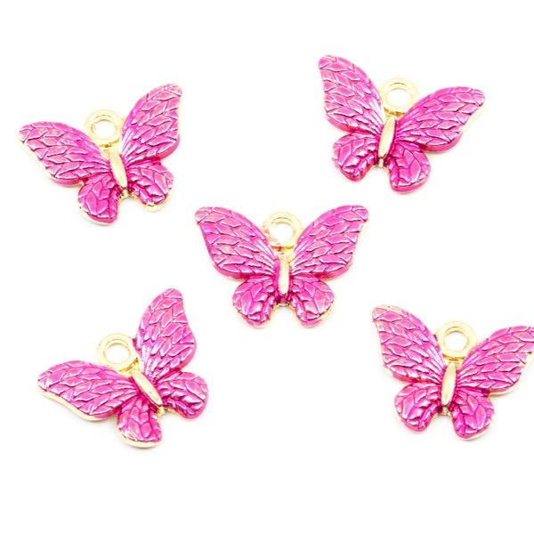 Magenta Pink Butterfly Gold Plated Charms...Lot of Five...