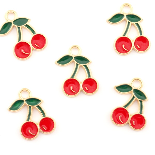 Red Cherry Enamel Charms Gold Plated...Lot of Five...