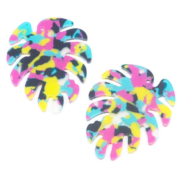 Pink & Yellow Multi-Color Tropical Tortoise Shell Monstera Leaf Shaped Pendant Acrylic Blanks