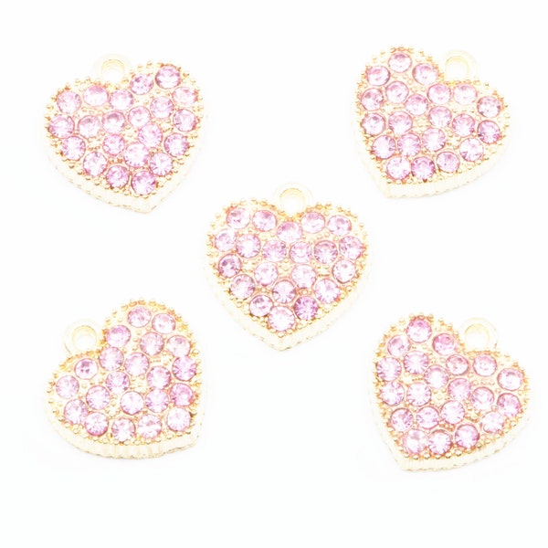 Pink Heart Gold Plated Rhinestone Charms...Lot of Five...