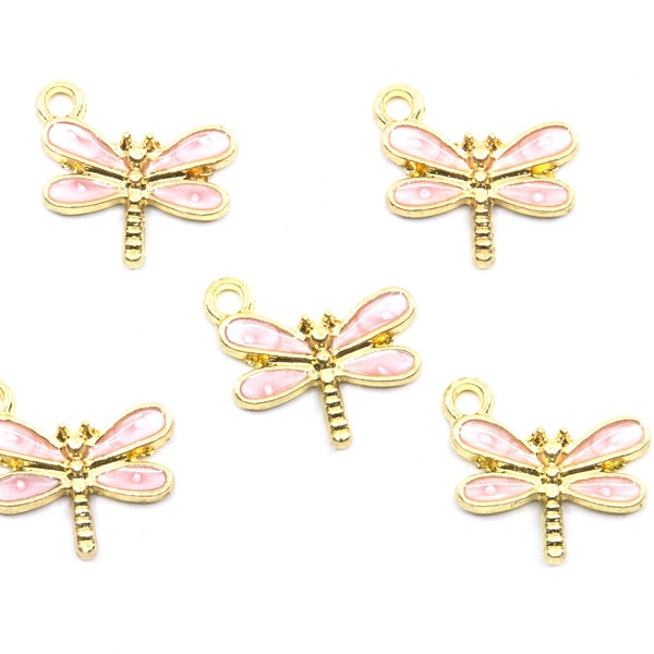 Pink Dragonfly Enamel Charms Gold Plated...Lot of Five...