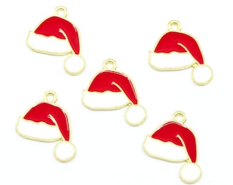 Red Santa Hat Enamel Charms - Lot of Five