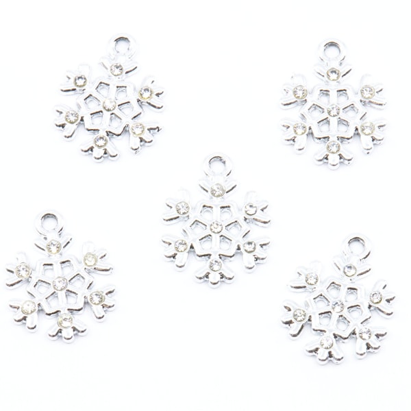 Silver Plated Rhinestone Snowflake Charms...Lot of Five...