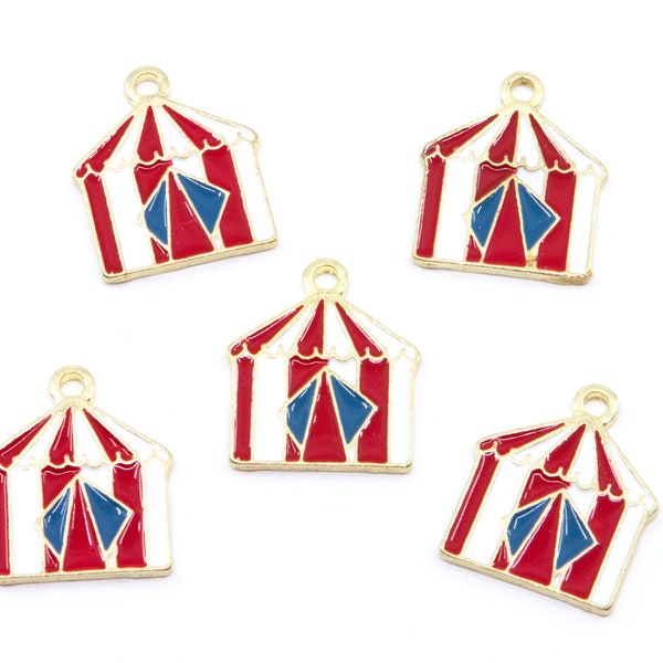 Carnival Tent Red and White Enamel Charms Gold Plated...Lot of Five...