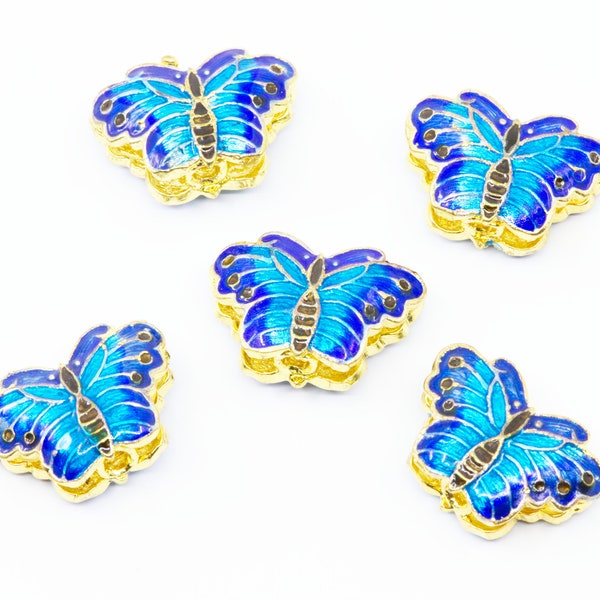 Cloisonné Bright Blue Butterfly Gold Enamel Copper Alloy Butterfly Beads....Lot of Five...