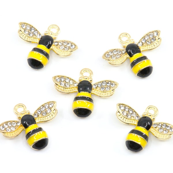 Bumblebee Enamel Charms Gold Plated with Rhinestone Detail...Lot of Five...19mm