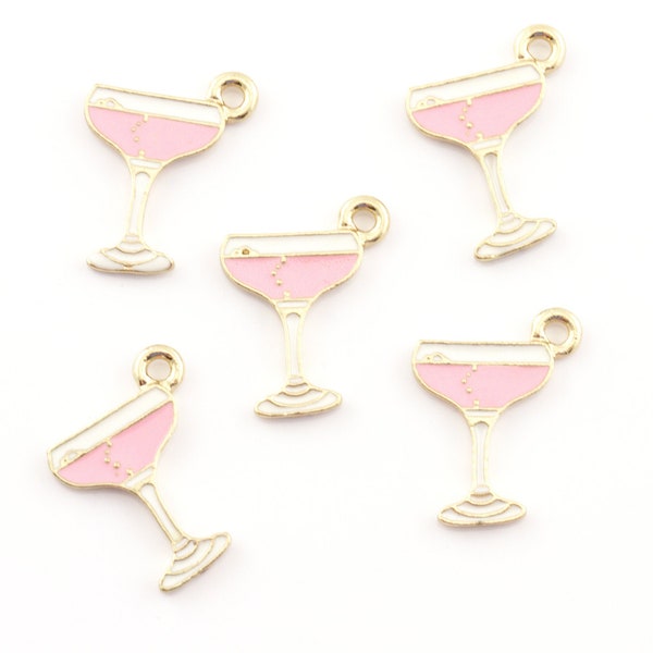 Pink Cocktail Glass Enamel Charms Gold Plated...Lot of Five...