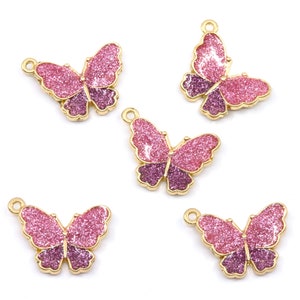 Pink Glitter Butterfly Charms - Lot of Five