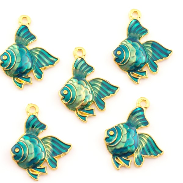 Teal Blue and Green Tropical Fish Enamel Charms Gold Plated...Lot of Five...
