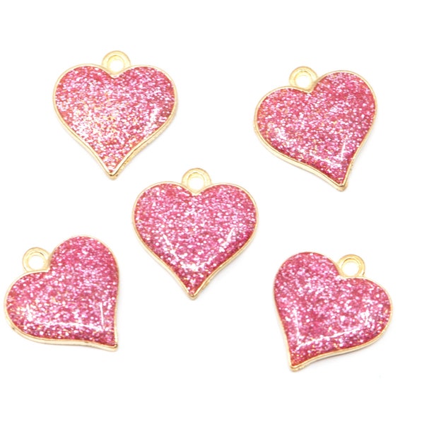 Light Pink Glitter Heart Charms Gold Plated...Lot of Five...