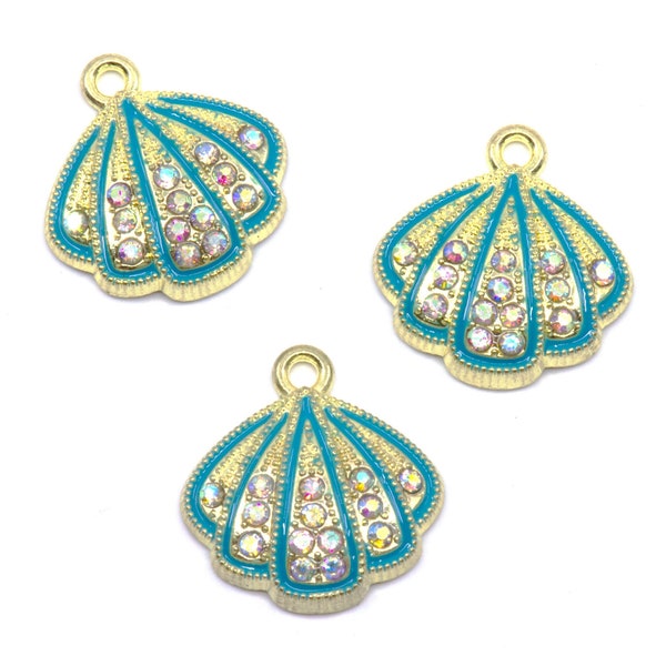 Rhinestone Seashell Charms with Blue Detail Gold Plated - Lot of Three - Beach Charms