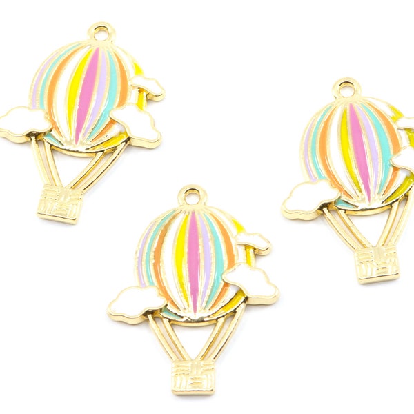 Hot Air Balloon Pastel Striped Enamel Charms Gold Plated...Lot of Three...