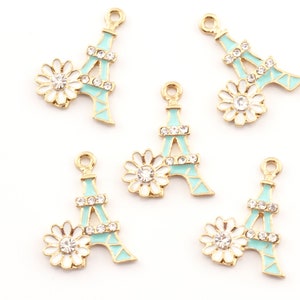 Pastel Blue Eiffel Tower with Daisy Enamel Charms - Lot of Five