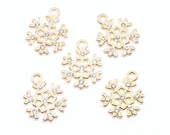 Gold Rhinestone Snowflake Charms - Lot of Five