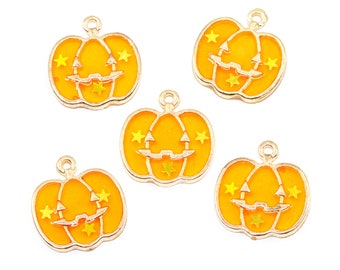 Orange Jack O Lantern Stained Glass Charms with Gold Stars....Lot of Five...Halloween Charms...Orange Pumpkins...