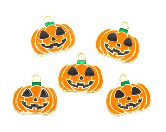 Orange Jack O Lantern Gold Plated Enamel Charms....Lot of Five...Halloween Charms...Orange Pumpkins...