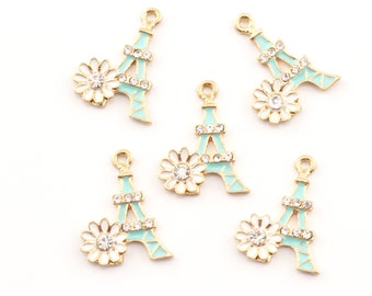 Pastel Blue Eiffel Tower with Daisy Enamel Charms Gold Plated...Lot of Five...