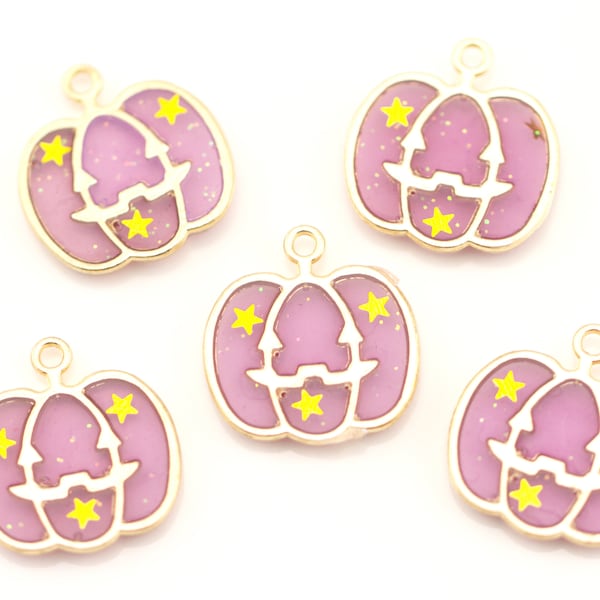 Purple Jack O Lantern Stained Glass Charms with Gold Stars....Lot of Five...