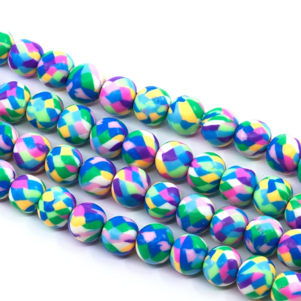 Blue Multi-Color Geometric Patterned 8mm Polymer Clay Beads...Full Strand...15-inch Strand..Approx. 48 Beads