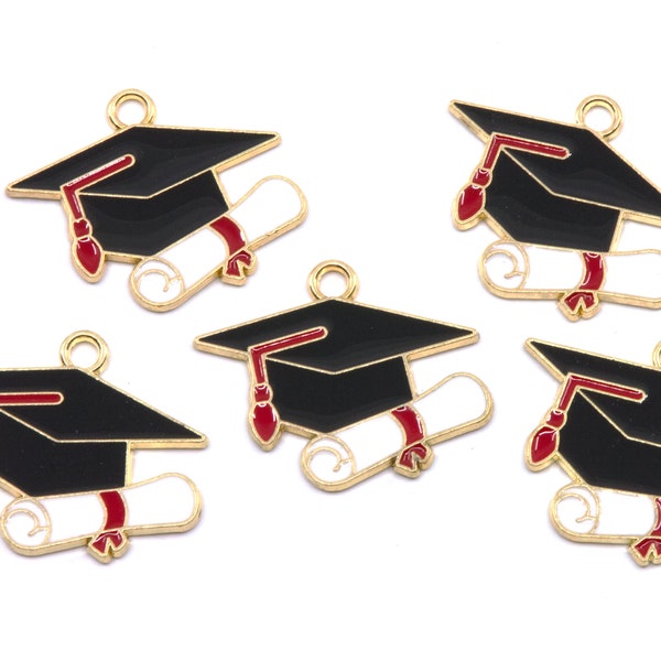 Graduation Cap and Diploma Enamel Charms Gold Plated...Lot of Five...