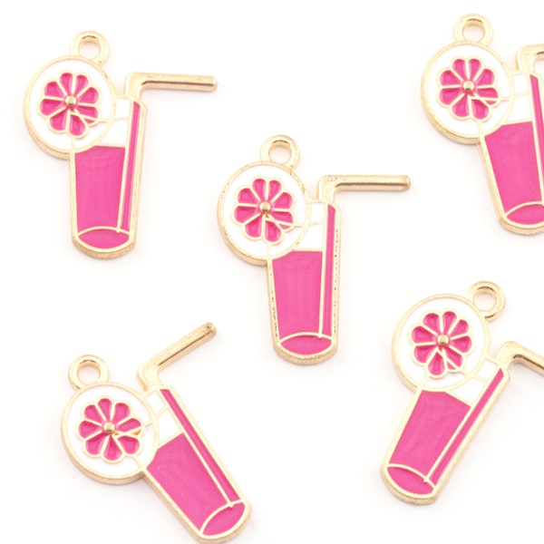 Pink Magenta Tropical Drink Enamel Charms Gold Plated...Lot of Five...