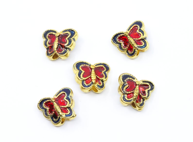 Cloisonné Blue & Red Butterfly Gold Enamel Copper Alloy Butterfly Beads....Lot of Five... image 3