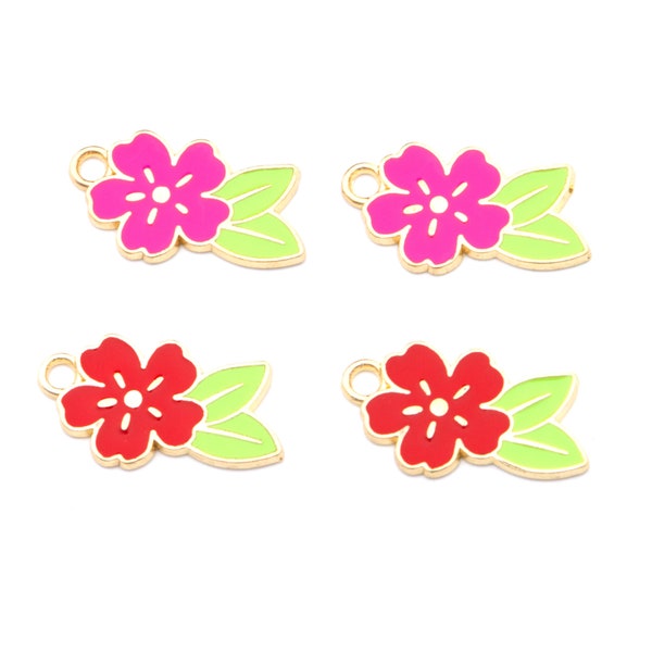 Tropical Flower Enamel Charms Gold Plated - Lot of Five - Pink and Red