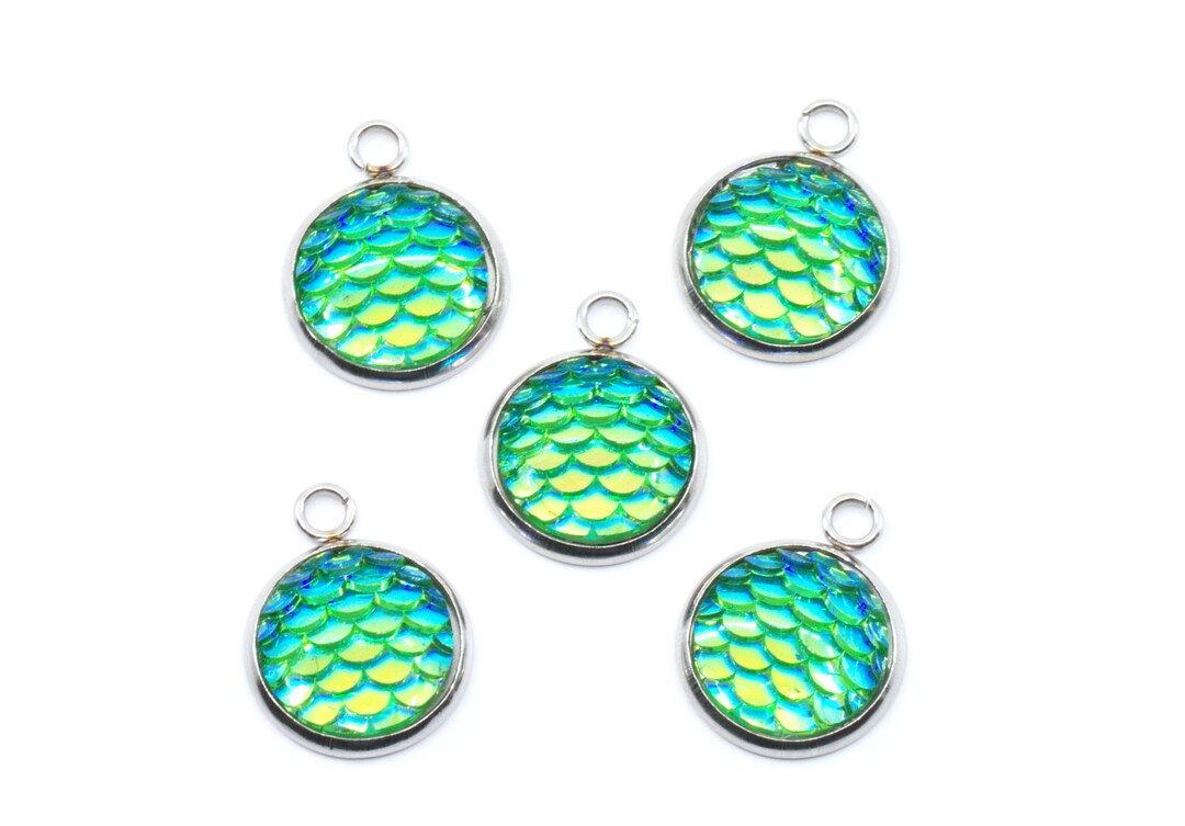 Teal Green-blue Mermaid Scale Charms With Silver Plating - Lot of Five ...