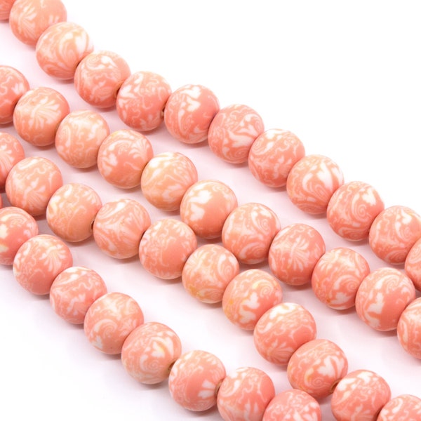 Coral Pink Abstract Printed 8mm Polymer Clay Beads...Full Strand...15-inch Strand..Approx. 48 Beads