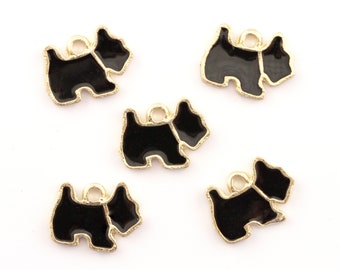 Black Scottie Dog Enamel Charms Gold Plated...Lot of Five...