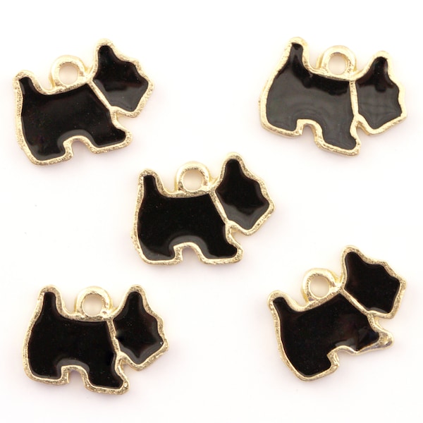 Black Scottie Dog Enamel Charms Gold Plated...Lot of Five...