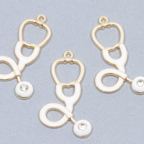 White Stethoscope Enamel Charms Gold Plated with Rhinestone Detail - Lot of Three