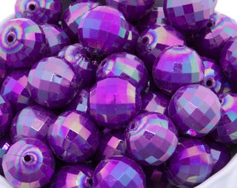 20mm Bubblegum Beads - Dark Purple AB Disco Ball Faceted Chunky Acrylic Beads