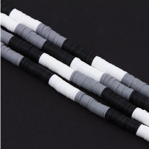 6mm Polymer Clay Flat Disc Heishi Beads - Black, Gray and White Pattern - Full Strand