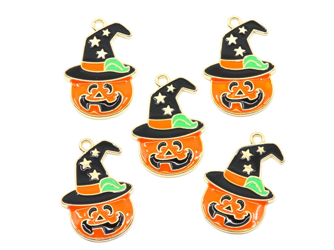 Orange Jack O Lantern Pumpkin With Witch Hat Enamel Charms - Lot of ...