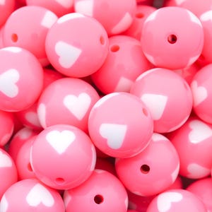 20mm Bubblegum Beads - Heart Print Pink and White - Chunky Acrylic Beads