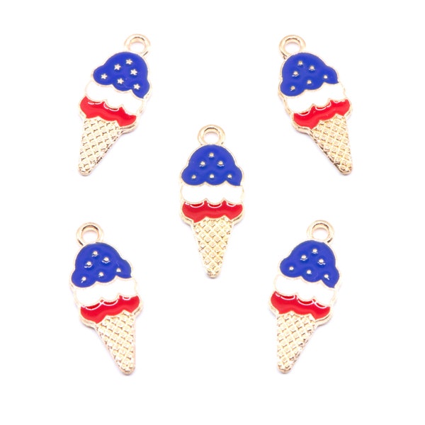 Red, White and Blue Ice Cream Cone Enamel Charms Gold Plated - Lot of Five -