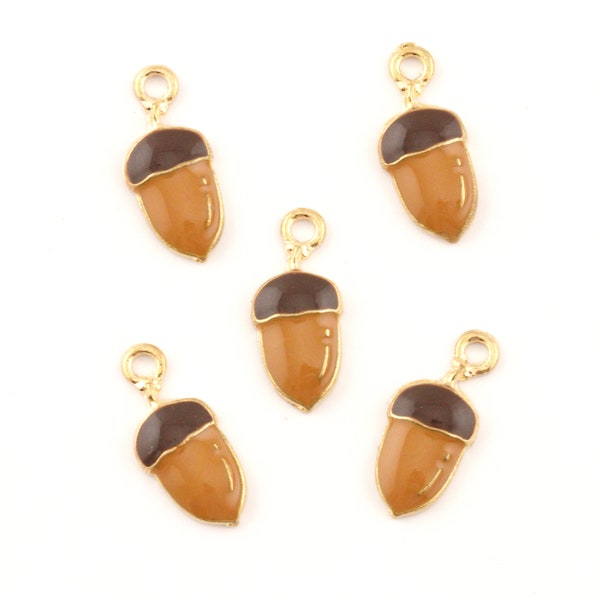 Brown Acorn Enamel Charms Gold Plated...Lot of Five...