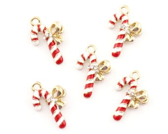 White and Red Striped Candy Cane Enamel Charms with Rhinestone Detail - Lot of Five