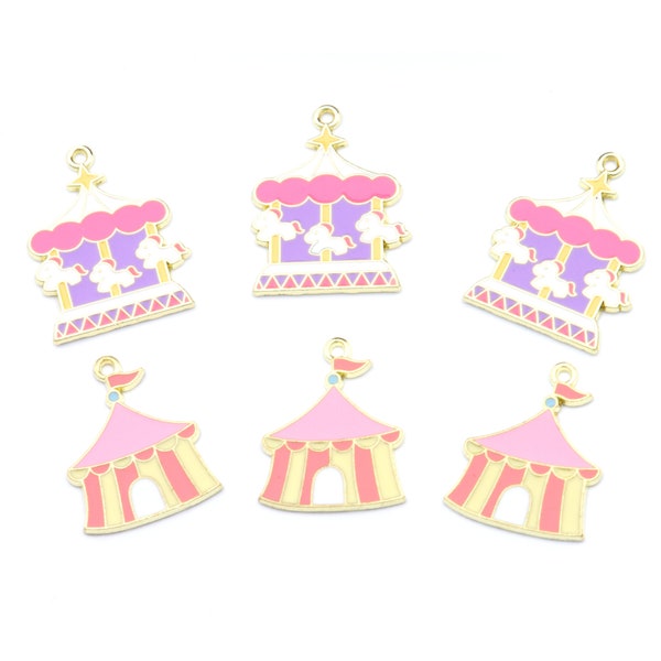 Carnival Charms Pink and Purple Enamel Charms Gold Plated - Carousel - Carnival Tent