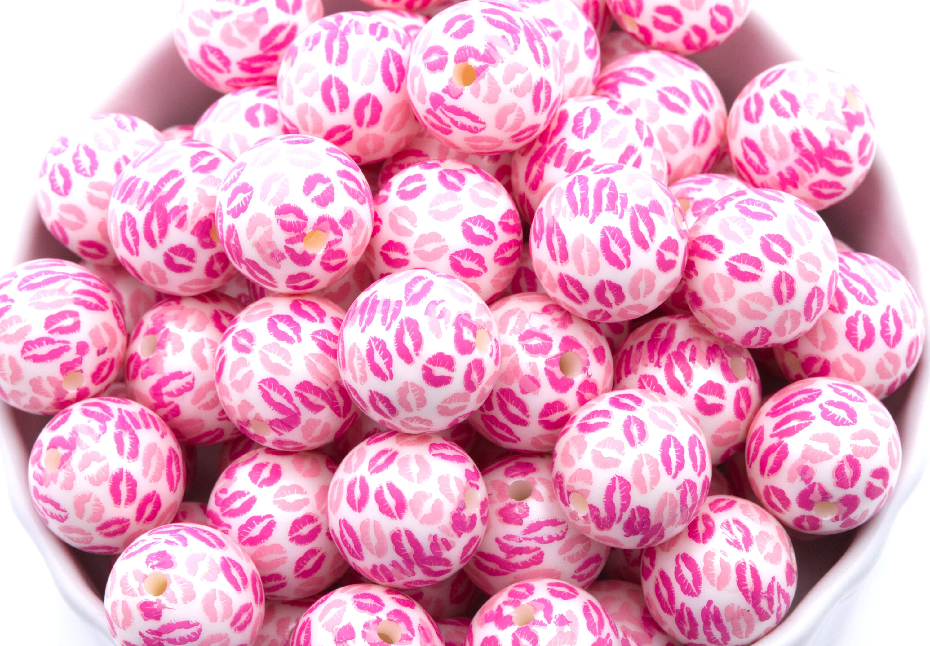 20mm Bubblegum Beads - Pink Kiss Printed - Chunky Acrylic Beads