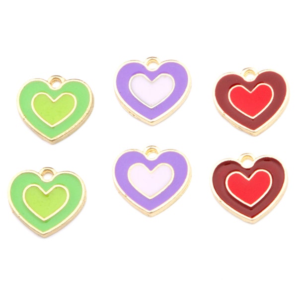 Heart Enamel Charms Gold Plated - Lot of Five - Green, Purple and Red