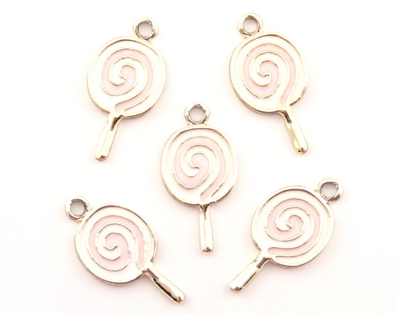 4 x Pink /& White Lollipop Silver Plated Enamel Pendant Charms