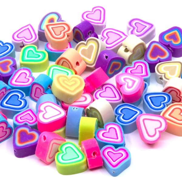 Heart Multi-Color Mixed Polymer Clay Beads...Lot of 50...Heart Beads