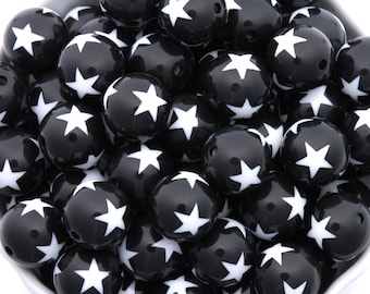 20mm Bubblegum Beads - Star Print Black and White - Chunky Acrylic Beads